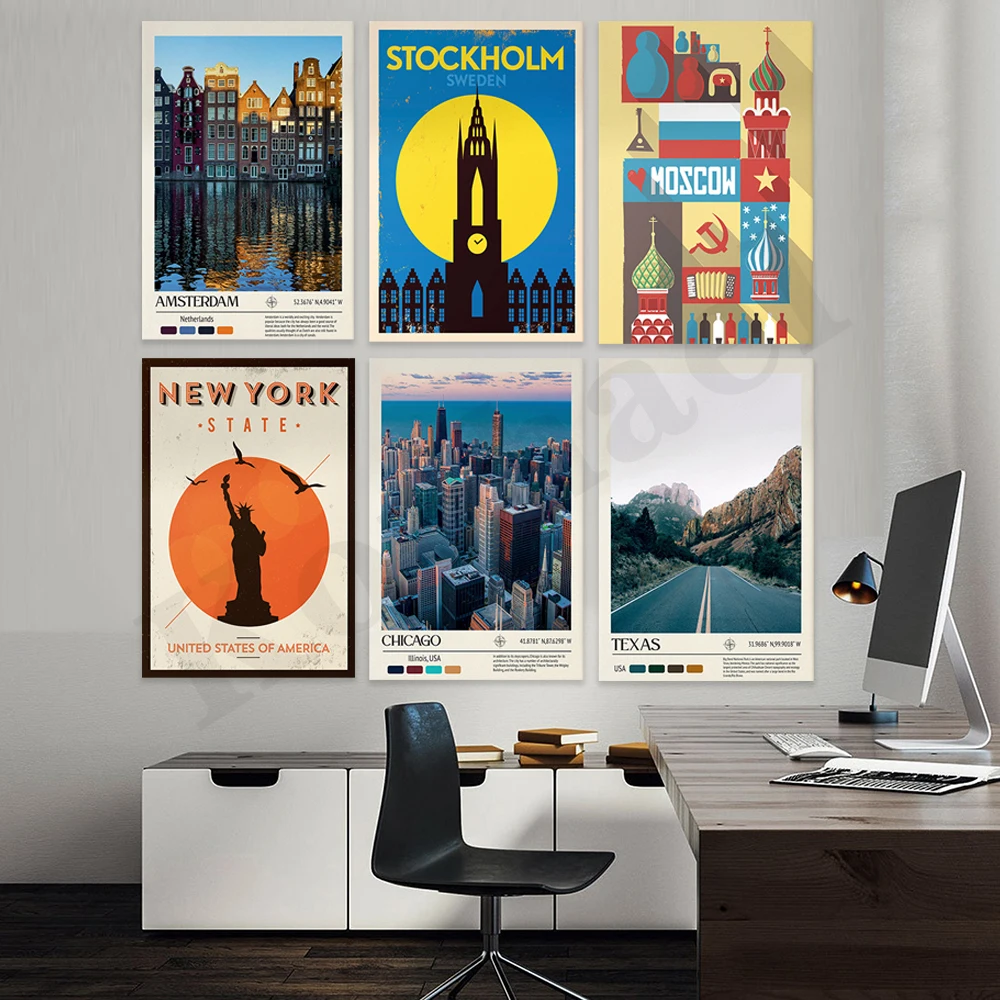 Amsterdam Texas Chicago New York Wyoming Argentina Bangkok Berlin Moscow Los Angeles London Istanbul. Cityscape Travel Poster