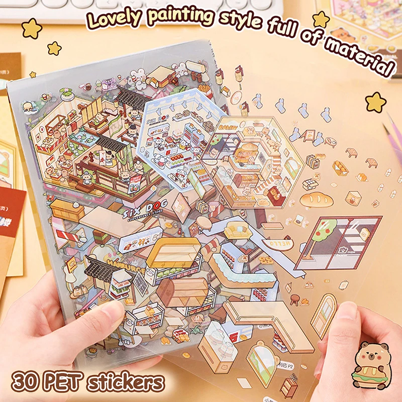 20Pcs Scenes Capybara Cartoon Cabin Scene Sticker Book DIY 3D Landscaping Sticker Birthday Gift for Child Student Wholesale