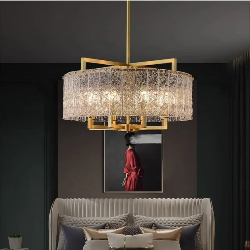 American Luxury Water Pattern Glass Chandelier Modern LED Pendant Lamp for Villa Duplex Living Room Bedroom Restaurant Lighting