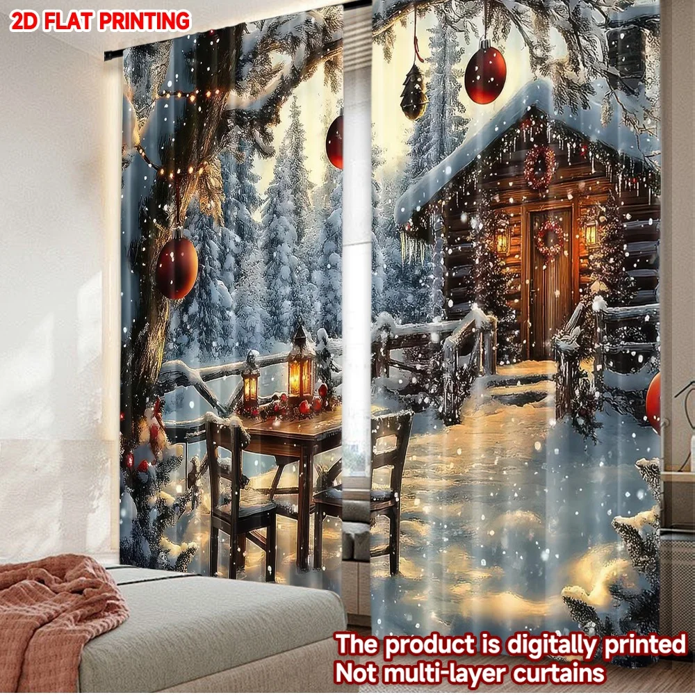 2D-Flachdruck, 2 Stück, Weihnachten, heiße Vorhänge, Weihnachten, verschneite Kabine, Szene, digital bedruckte Polyester-Vorhänge, Geburtstagsfeier, perfekt