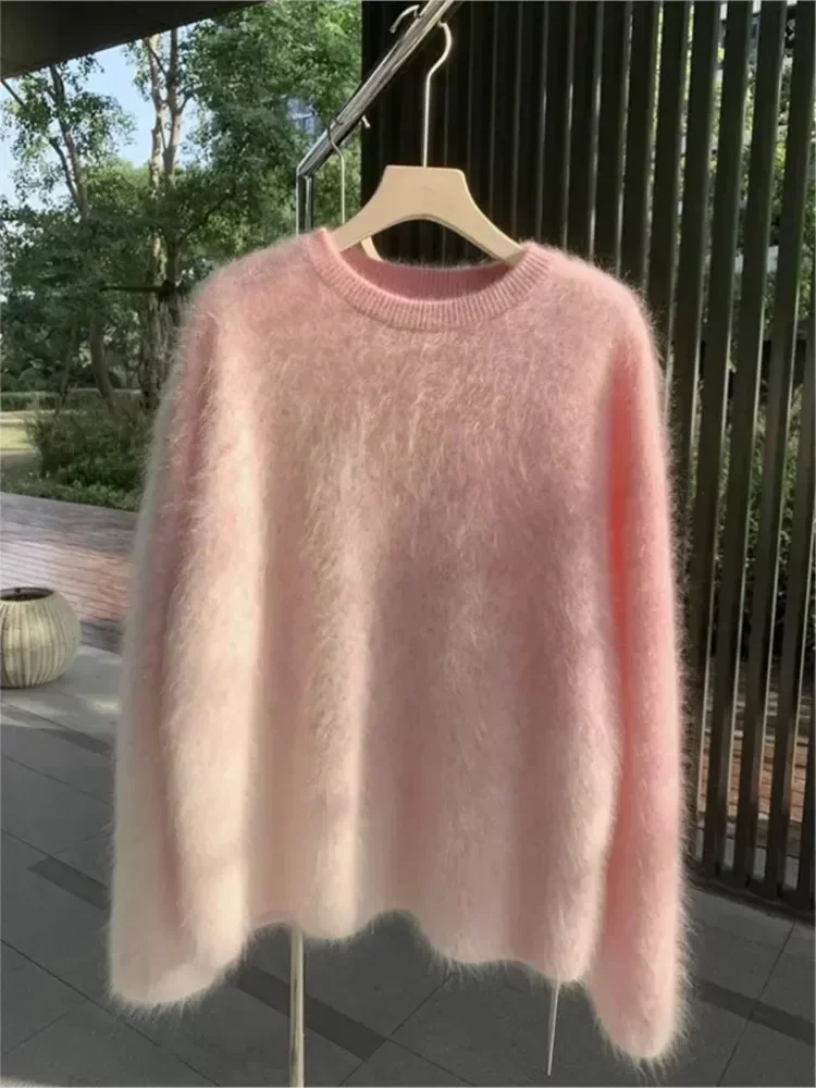 Fashion Tie-dyeing Gradient Pink Pullover Sweater Women Loose O Neck Long Sleeve Knitwear Autumn New Elegant Lady Mohair Tops