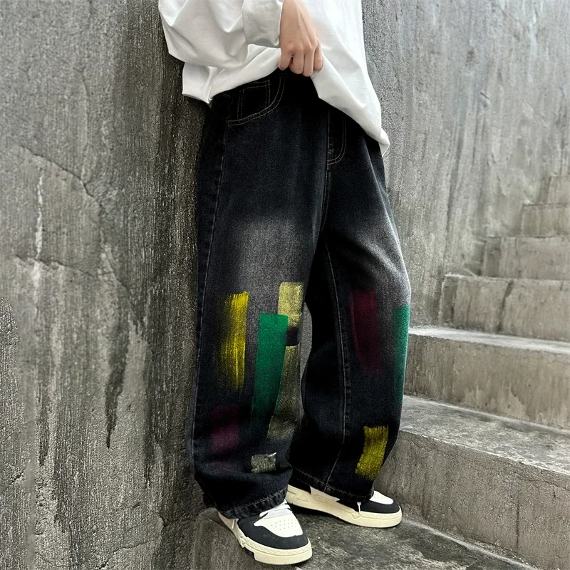 Boys black jeans spring and autumn graffiti paint children's straight pants loose boys' trousers teenagers wide-leg pants 5-15 y