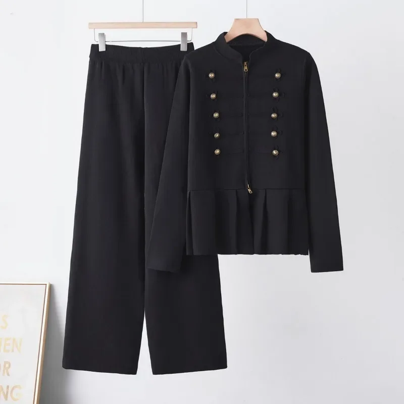 New Knitted Women's Suits Spring  Autumn Fashion. Loose-fitting Trousers with A Retro Pleated Hem Stand-up Collar Knitted Top.