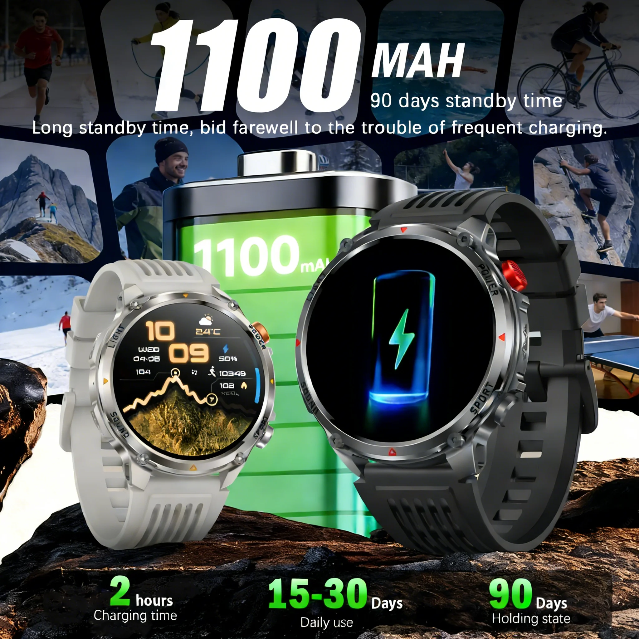 2026 Edition Military Outdoor Sports Smartwatch 1.7-inch AMOLED screen 1100 mAh battery LED flashlight Bluetooth call Waterproof