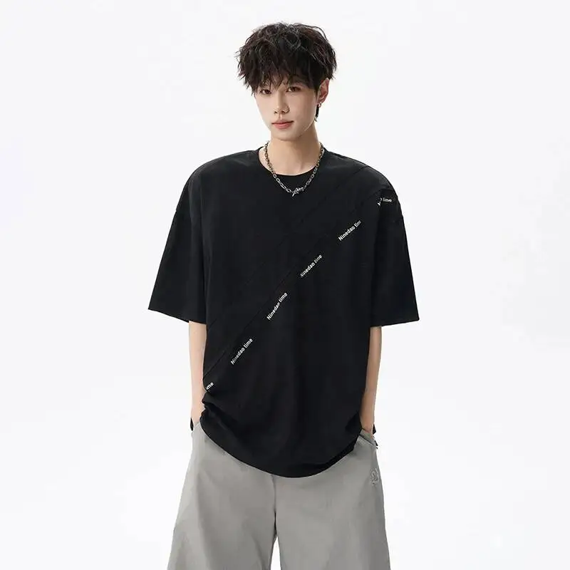 LUZHEN 2026 Summer Line Letter Printed Loose Short Sleeve T-shirt Men's Fashion High Quality Cotton Pullover Tops Clothes JY6978