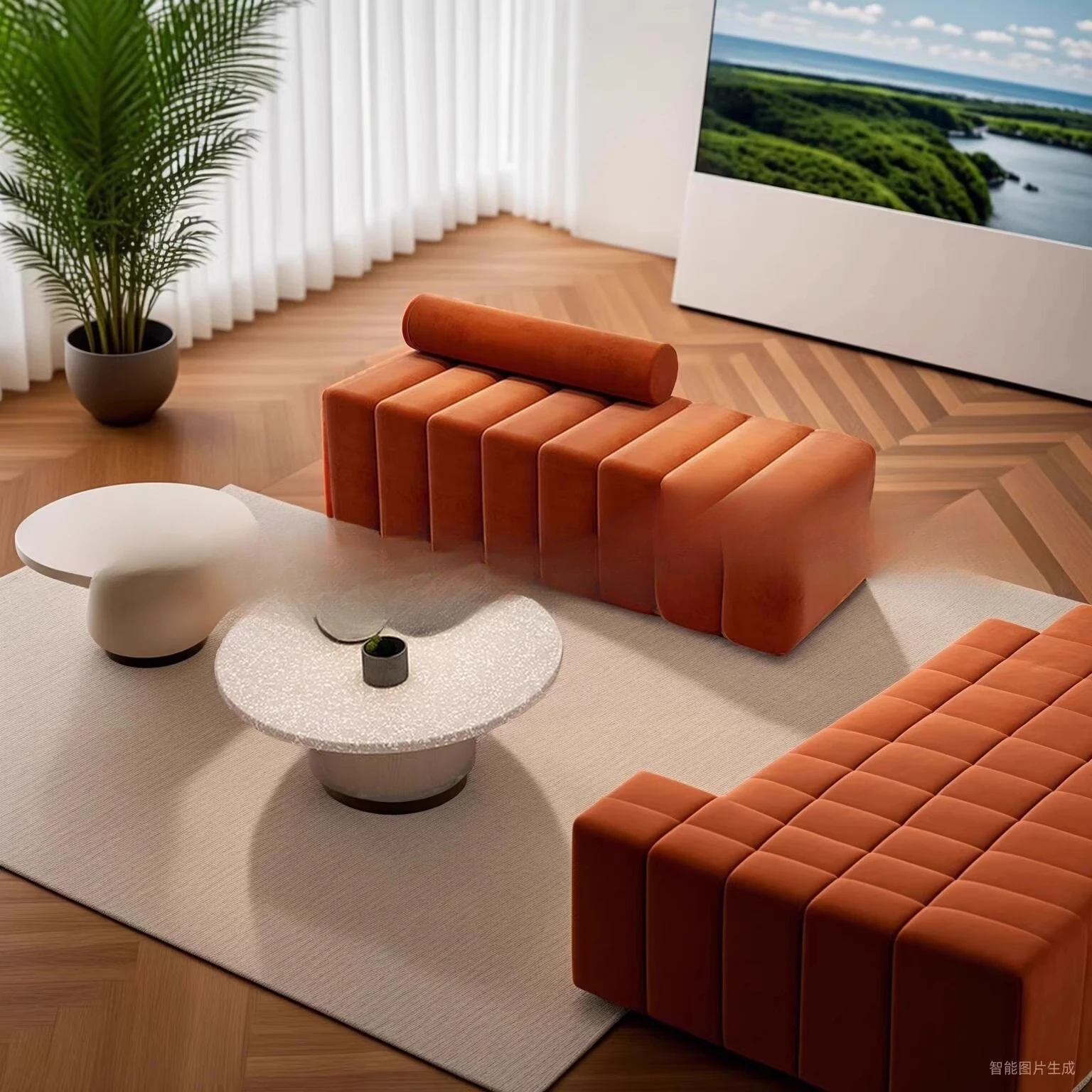 Área de estar, banco longo do sofá no final da cama