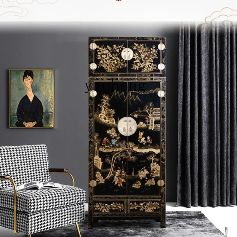 

HXL Classical Black Lacquer Gold Trim Wardrobe with Top Chest Solid Wood High Cabinet