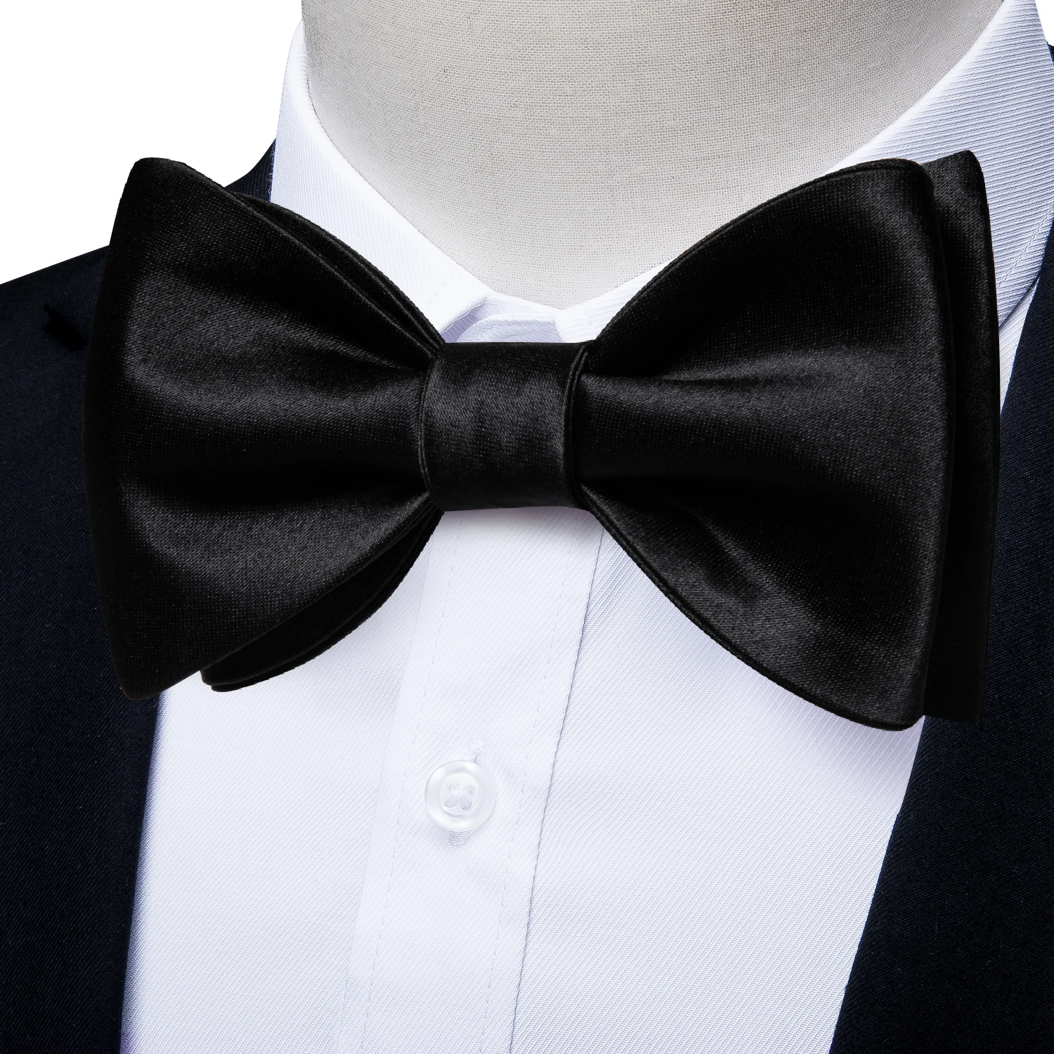 Modisches Selbstbindendes Fliege-Set mit Einstecktuch, Manschettenknöpfen und Ring, 4-teilig, Klassisch Schwarz, Einfarbig, Herren-Fliege mit Schmetterlingsknoten für Hochzeiten – Detail 4