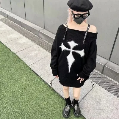 Black Sweaters for Women Sexy Spring Autumn Cross Off Shoulder Subculture Punk Rivet Knit Sweater Girls Pullovers Sweaters