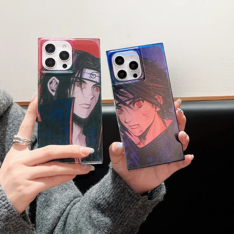 Anime Square laser N-Narutos Phone Case for iPhone 13 14 15 16 Pro Max 16pro Uchiha S-Sasuke I-Itachi shockproof Back Cover