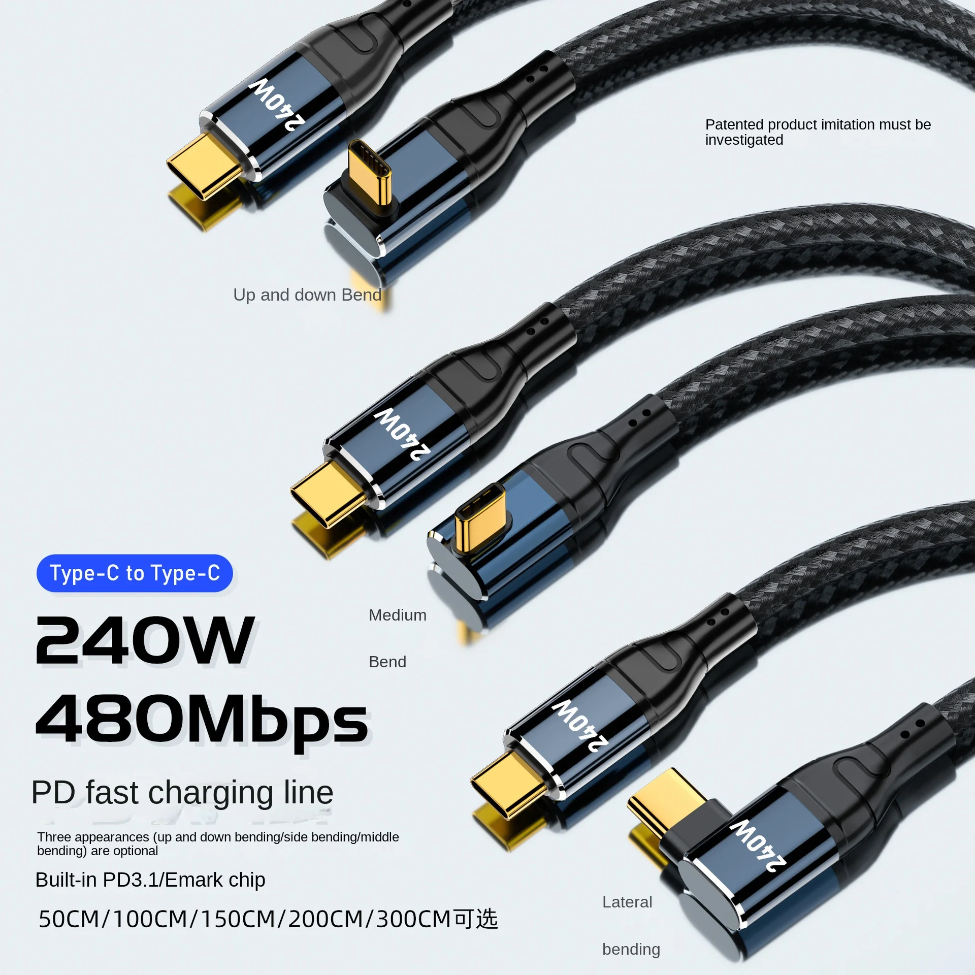 USB-C 240W Type-C Cable 480Mbps 90 Degree Right Angle 48V 5A Compatible with USB 2.0 100W Charging for Laptop Tablet Phone 10FT