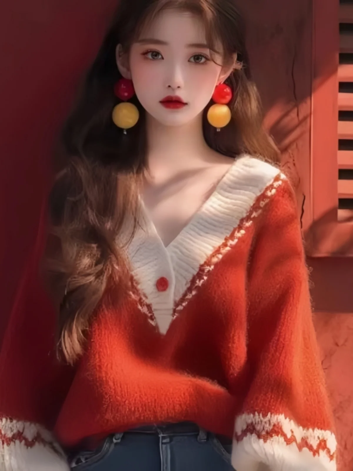 

Soft Cozy Red Lantern Sve Knitwear V-Ne Loose Women's Sweater Spring Autumn New Sle Retro Commute Faion Long Sve