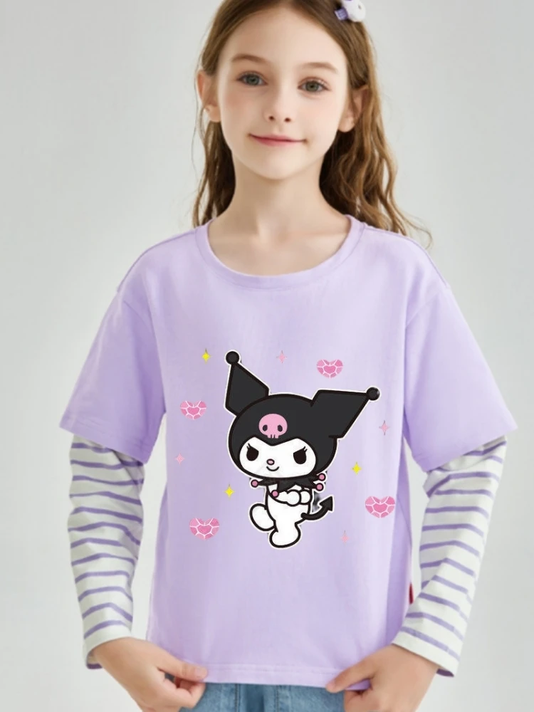 

Sanrio Autumn Baby Girls Cotton Clothes Kid Kuromi Printed Pullover Children Fake Two Pieces Stripe Long Sleeve T-shirts Top