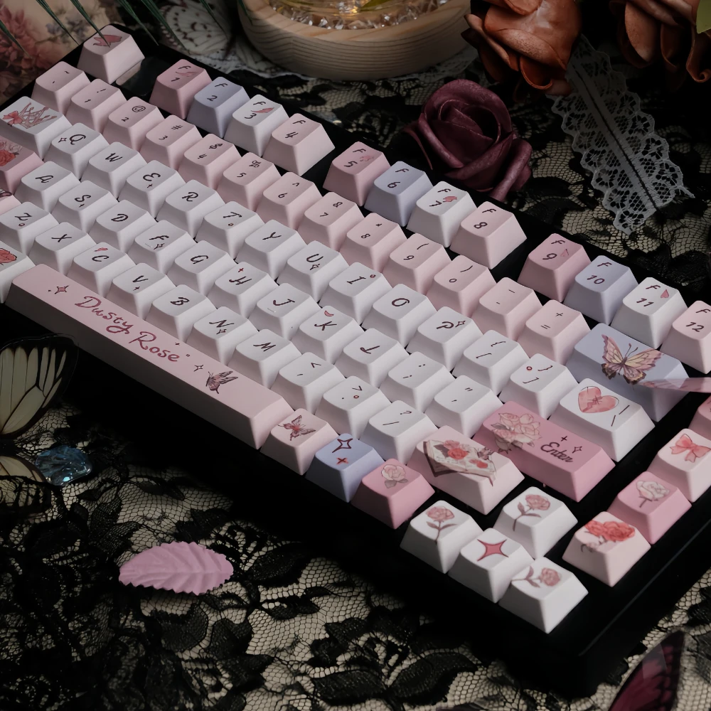 Rose Butterfly Keycap Cherry PBT Full Five-sided Sublimation Retro Pink Keycaps 142 Keys Romantic French Hand-painted Key Caps