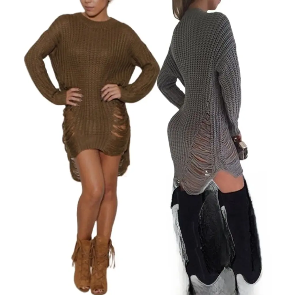

New Knitted round Neck Sweater Mid-Length Ripped Style for Women Fashionable Casual Top for Spring Autumn