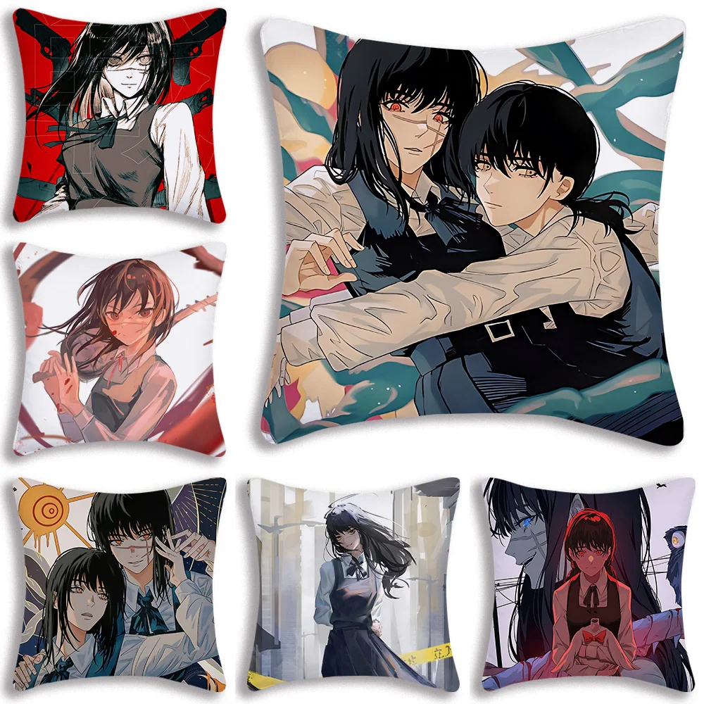 Amine Girl Mitaka Asa Chainsaw Pillow Covers Cartoon Sofa Decorative Home Double-sided Printing Short Plush Cute Cushion Cover