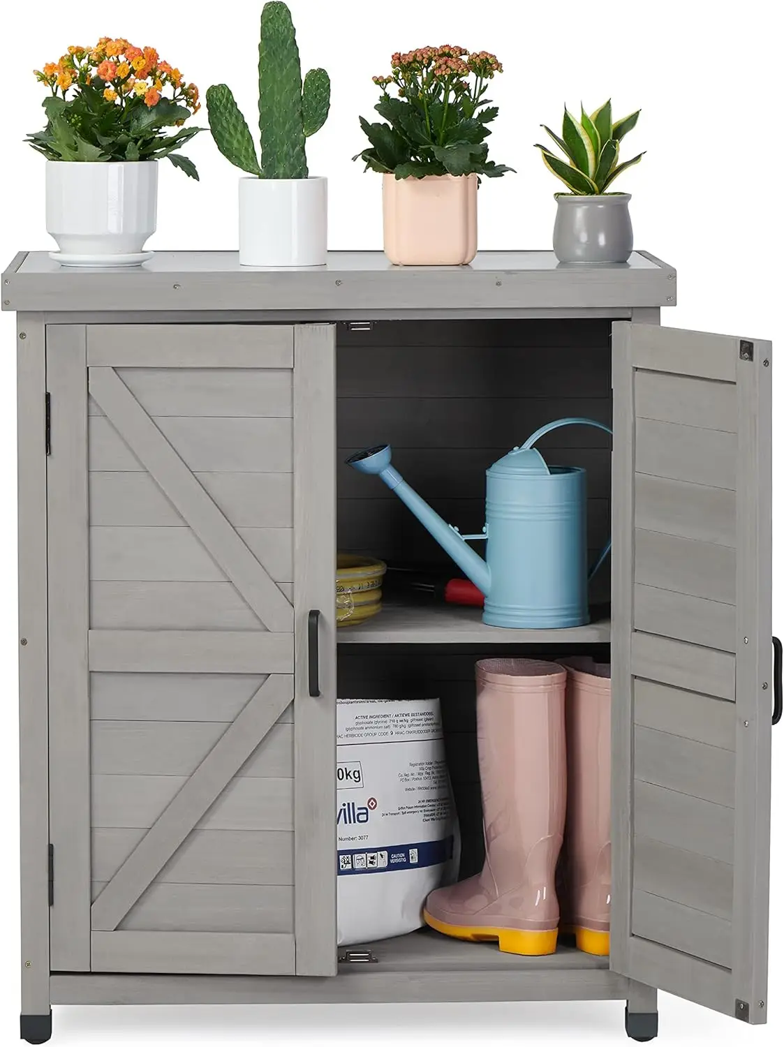 Outdoor Storage Cabinet & Potting Bench Table with Metal Top, Wooden Patio Furniture, Garden Workstation (Classic Grey, 36x31x17