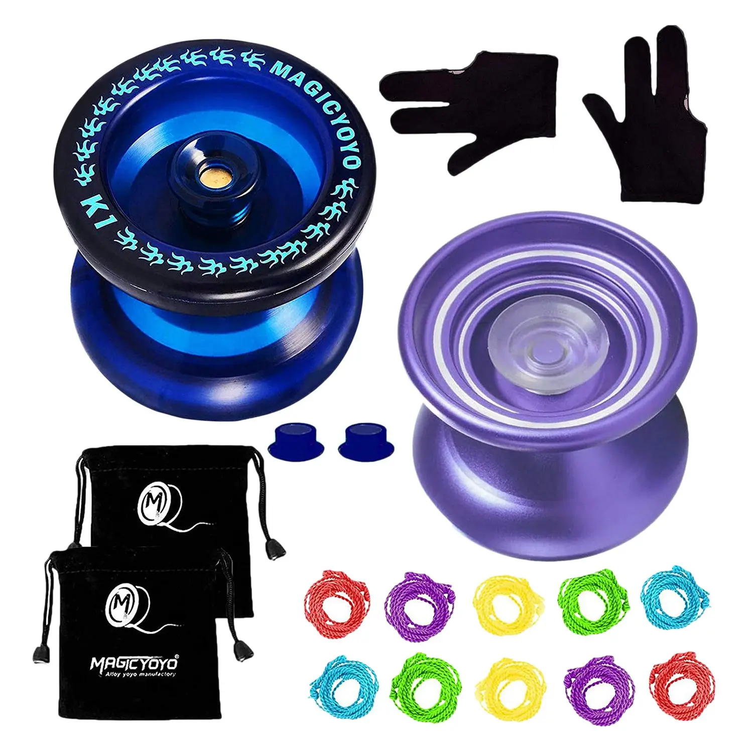 MAGICYOYO K1 Blue+K7 Purple Responsive Kids Beginner Yoyo Durable ABS Yoyo&Alloy Responsive Alloy Yoyo with Bags Gloves Strings