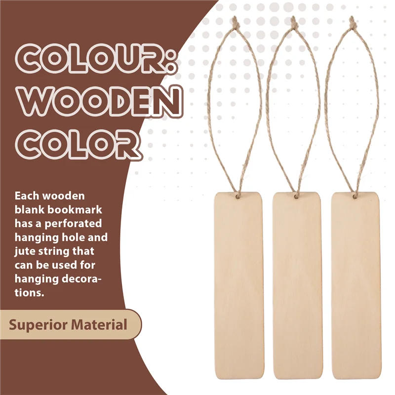 A13E-50 PCS Wood Blank Bookmarks Unfinished Wooden Book Marks Hanging Tag With Holes And Ropes DIY Craft Projects