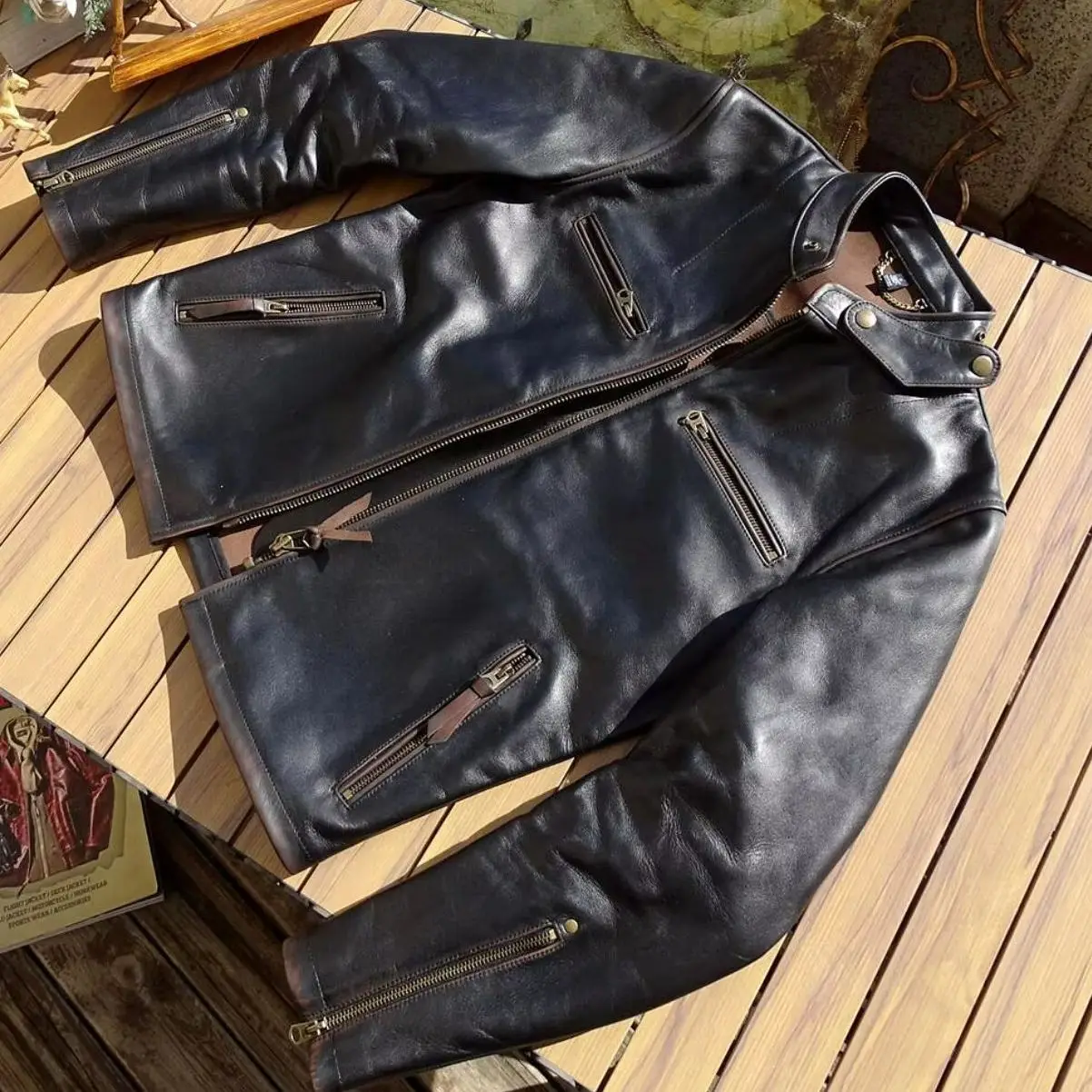 Men's Slim-Fit Genuine Leather Jacket (J100 Style) with Unlined Design, First-Layer Tea-Core Pony Leather, and Detachable Collar