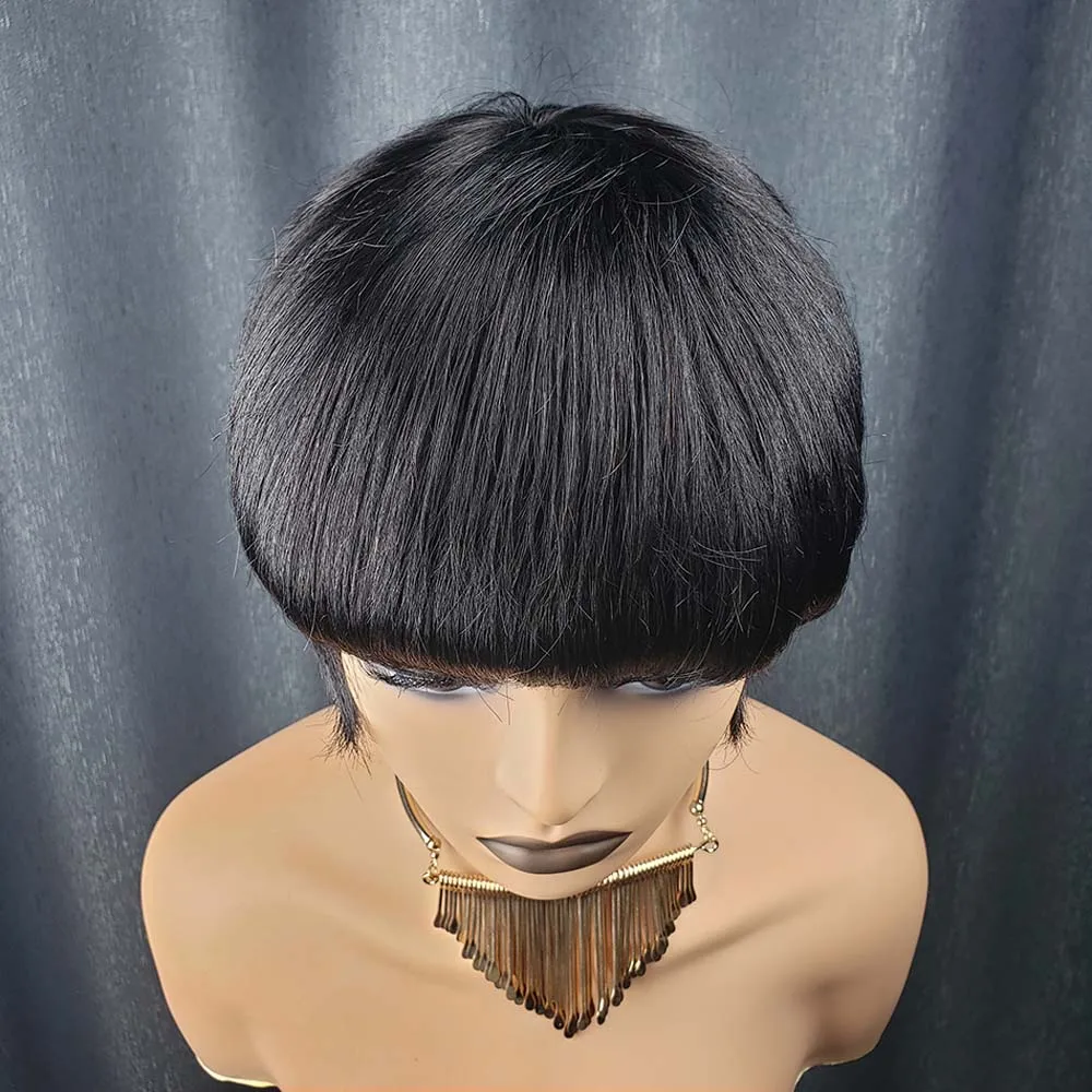 픽시 컷 인모 짧은 레이어드 기계 제작 가발 여성용 브라질 레미 스트레이트 인모 가발 내추럴 블랙 컬러