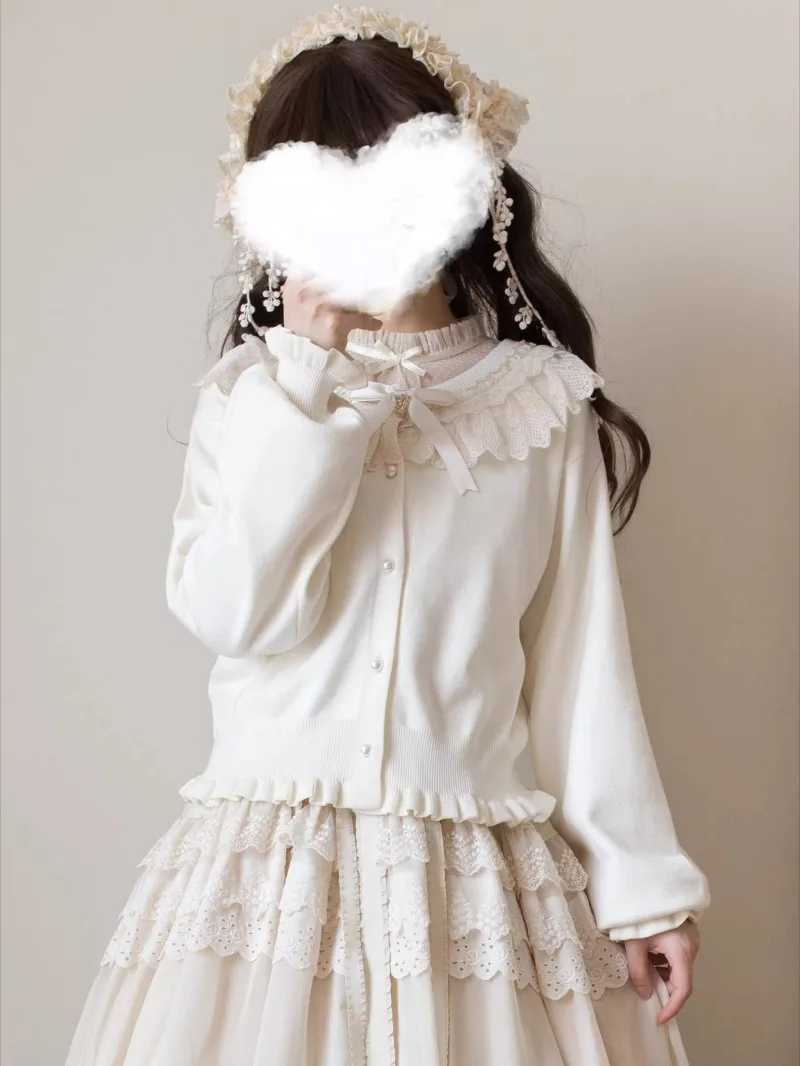 

Свитер с рюшами и круглым вырезом в стиле Лолиты, вышитый бисером, винтажный вязаный кардиган, японский милый короткий кардиган с рюшами