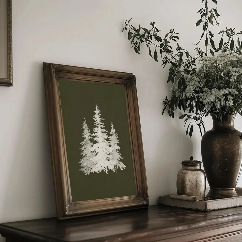 Póster botánico nórdico con diseño de pino, hoja de helecho y flores silvestres, pintura en lienzo verde oliva vintage, impreso
