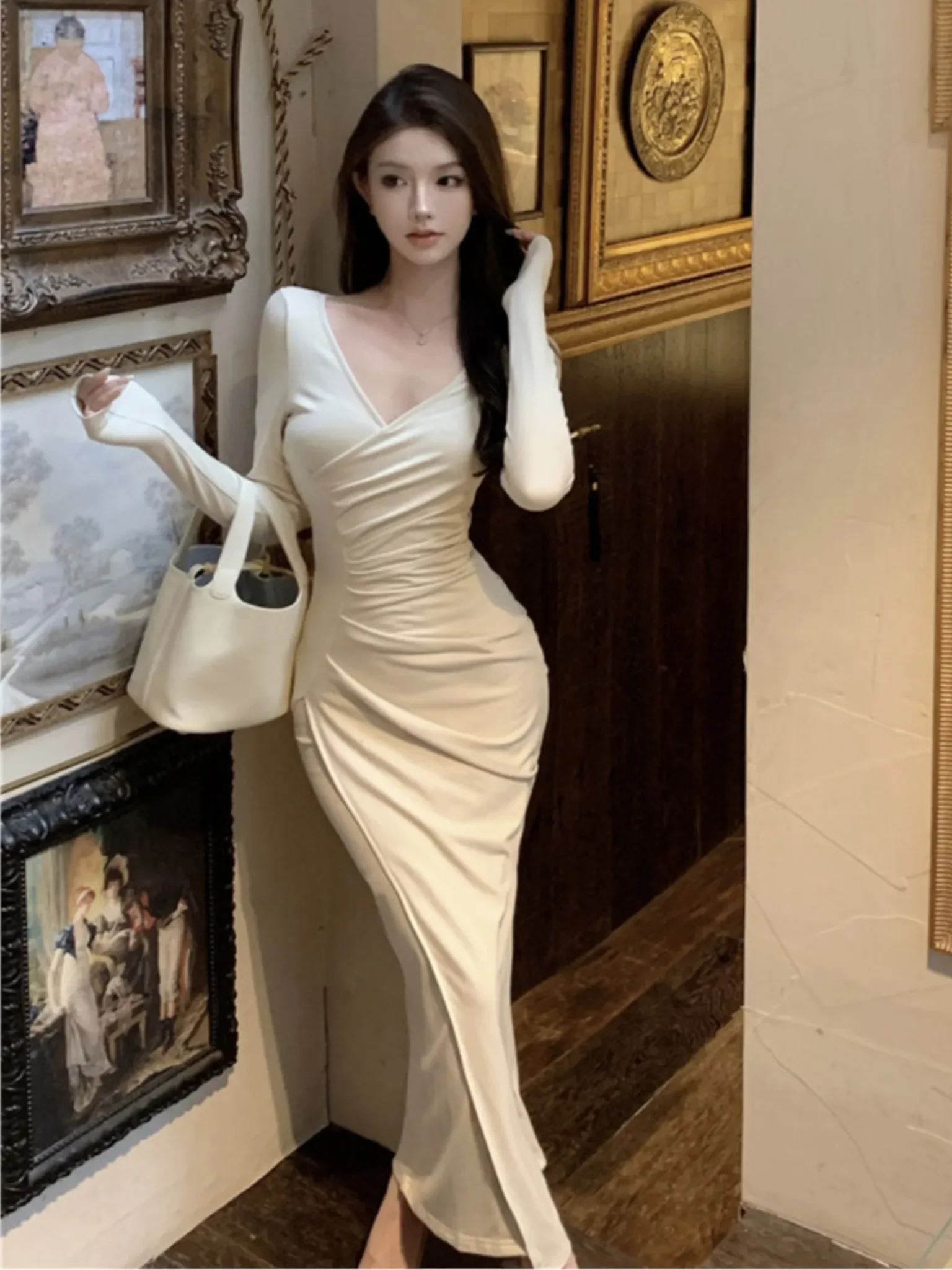 

Elegant Slim Pleated Party Dress Sexy V-neck Split Runway Robe Spring Autumn Long Sleeve Office Lady Sheath Vestidos Clothes