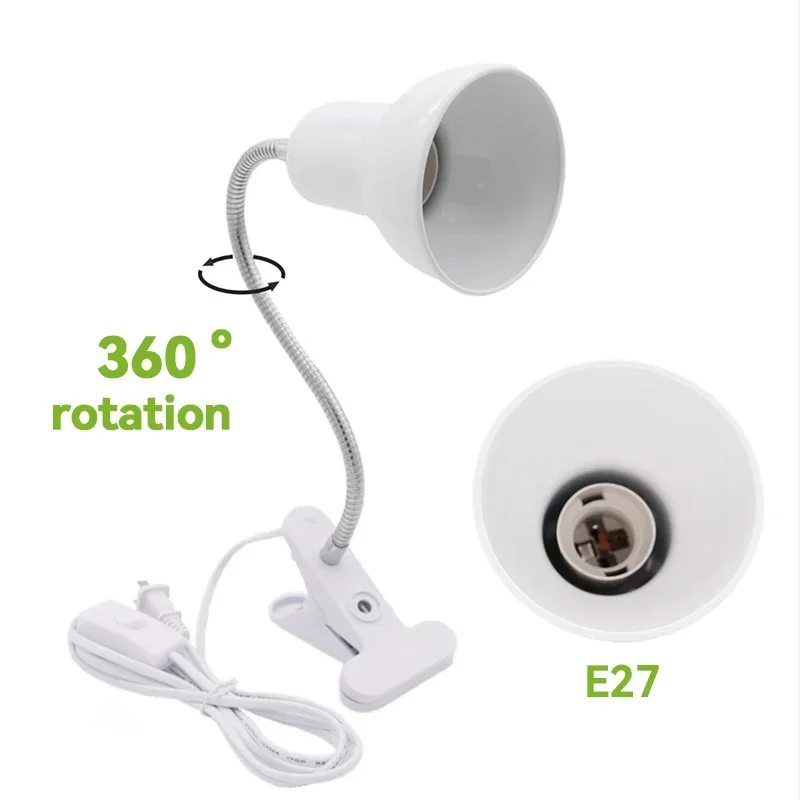 E27 clip-on desk lamp with 360-degree adjustable gooseneck tube, suitable as a compact reading light for cabinets/desks/bedside