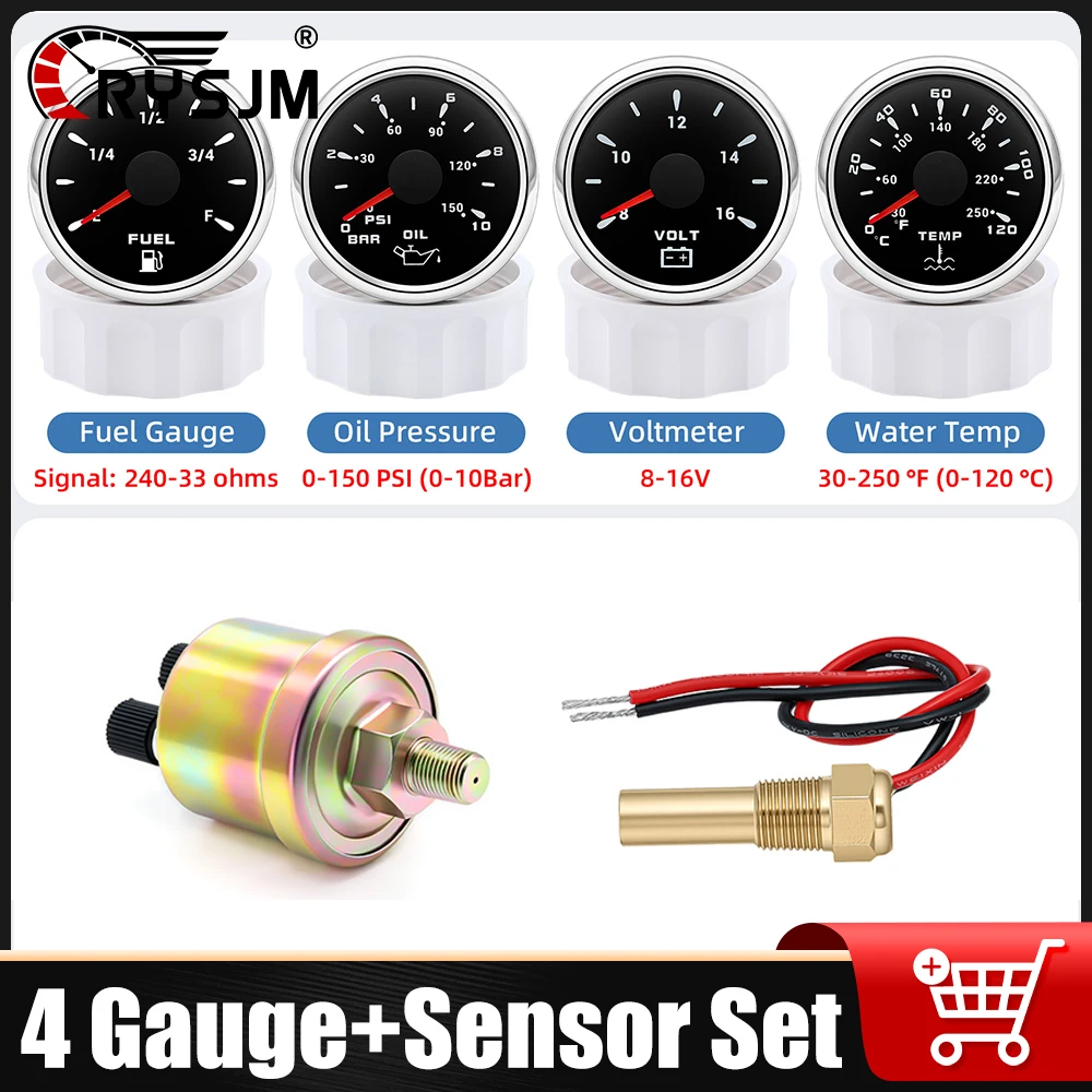 

12V24V Universal 52MM 4 Gauge Kit with 2 Sensor Water Temperature + Oil Pressure + Fuel Level + Voltmeter For All Vehicle Marine