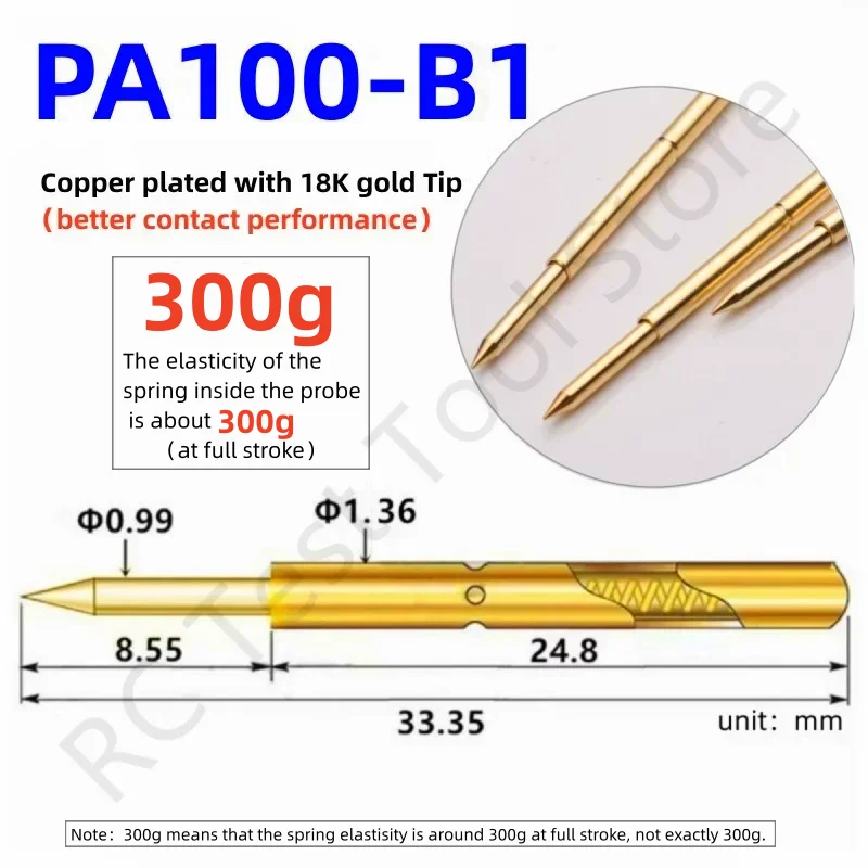 

20/100PCS PA100-B1 300g Spring Test Probe Test Pin Pogo Pin P100-B1 P100-B PCB Test Tool 0.99/1.36/33.35mm Gold Needle Sharp Tip