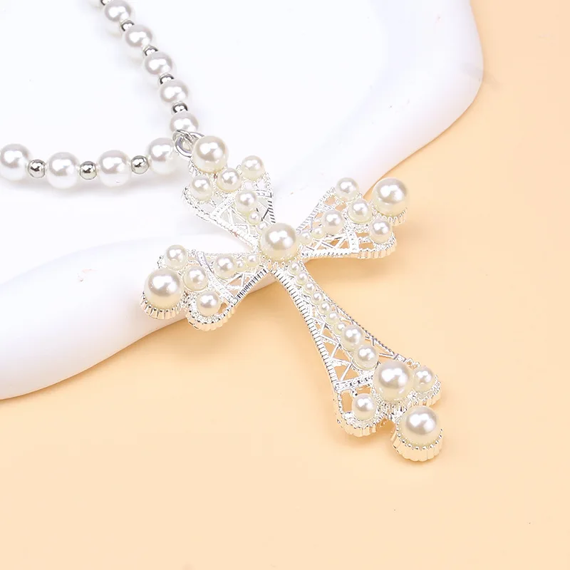 New Exquisite Fashionable Personalized Hip-Hop Cross Imitation Pearl Versatile Necklace Jewelry For Women Jewelry Gift Wholesale