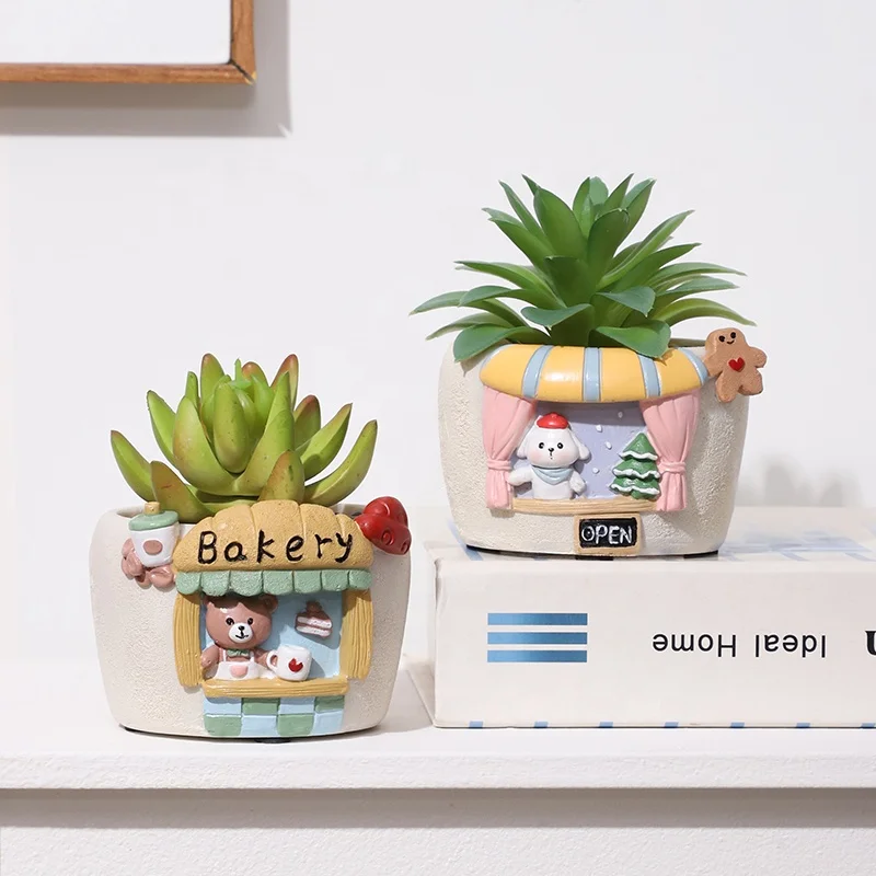 Cartoon  Themed Succulent Planter Pots Animal Character Milk Tea/Ice Cream/Bakery Flower Pot for Desktop Home and Garden