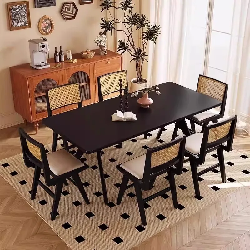 Retro Style White Ash Wood Dining Table with Woven Chair for Home Living Room Small Apartment Solid Wood Dining Table Drop