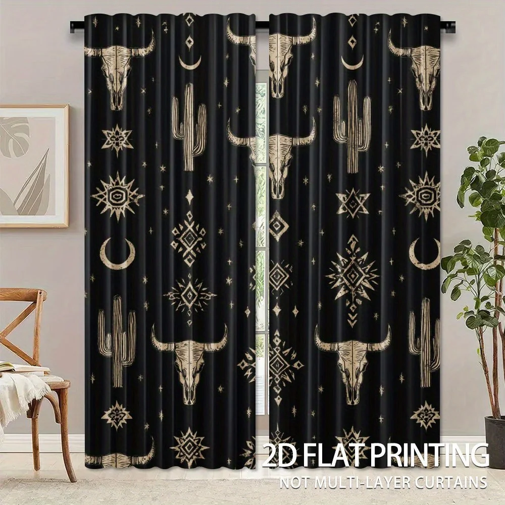Vivid Western Tribal Curtain 2 Panels Cow Skull Cactus Moon Black Inn Room Curtain Trendy Desert Boho Bedroom Home Decor