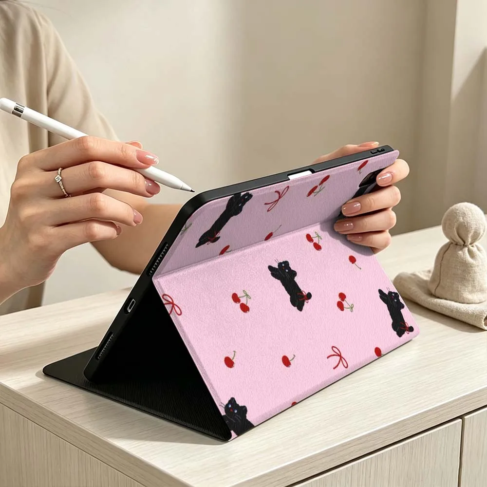 Cute Black Cat Cherry Soft Pen Tray Tablet Case For iPad Pro Air mini 7 6 5 4 3 2 1 M5 M4 M3 11th 10th A17 Pro A16 A14