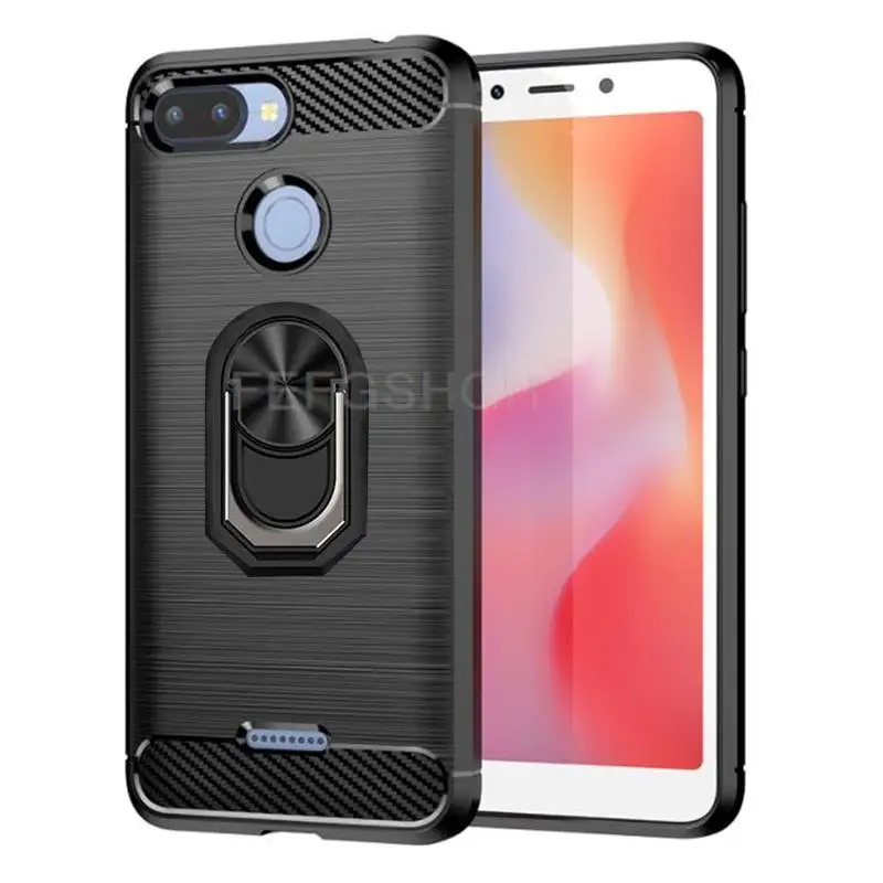 Capa For Xiaomi Redmi 6 Pro Brushed Carbon Fiber Soft Silicone Case For Xiaomi Redmi 6A Magnetic Ring Stand Cover