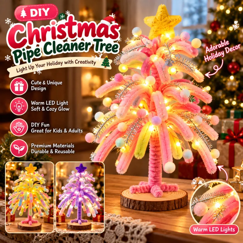 Christmas Tree DIY 25cm Pipe Cleaner Craft Kit, Star Shaped Mini Xmas Tree LED Light, Tabletop Holiday Ornament, Handmade Gift