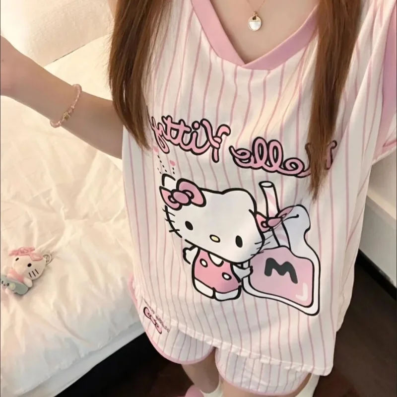 Pink Kawaii Hello Kitty Sleeveless Pajama Set for Women's Summer Cartoon Anime Printed Vest Shorts Fashion Striped Home Wear