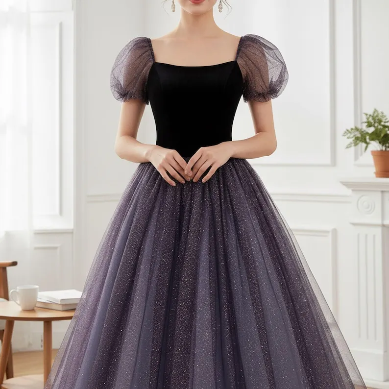 Hada púrpura mangas cortas tul graduación princesa vestidos de noche cóctel Maxi vestidos de baile de Navidad vestido Formal mujeres elegante