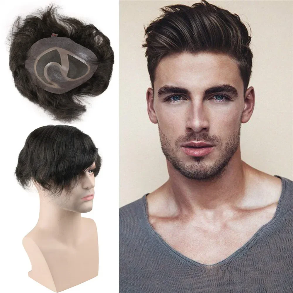 Men's Human Hair Toupee Thin Skin & Mono Lace Top Hairpiece Replacement System Dark Brown Wigs  Tsingtaowigs Hair System Touppe