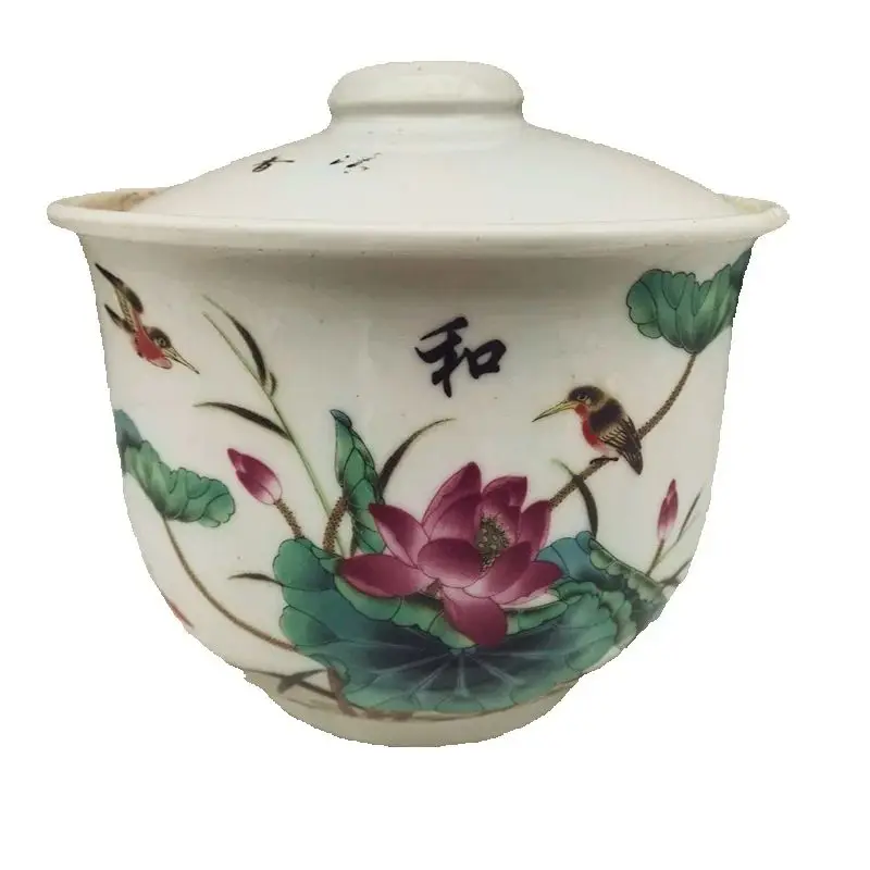 Pastel Lotus Pattern Chinese Old Porcelain Storage Jar with Chinese Characters for Home Decor Collectibles