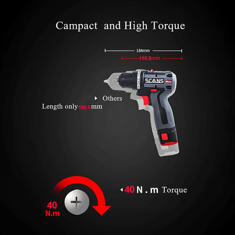 SCANS 16V Brushless Drill Cordless Screwdriver 40Nm Electric Drill Screwdriver 2Ah Li-ion Battery Mini Drill Power Tools S160