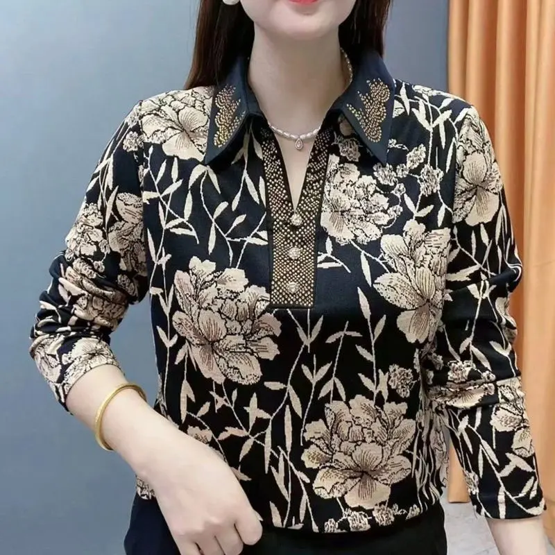 Women\'s Clothing Vintage Floral Printed Blouse Casual V-Neck Button Chic Diamonds 2024 Spring Autumn Stylish Long Sleeve Shirt