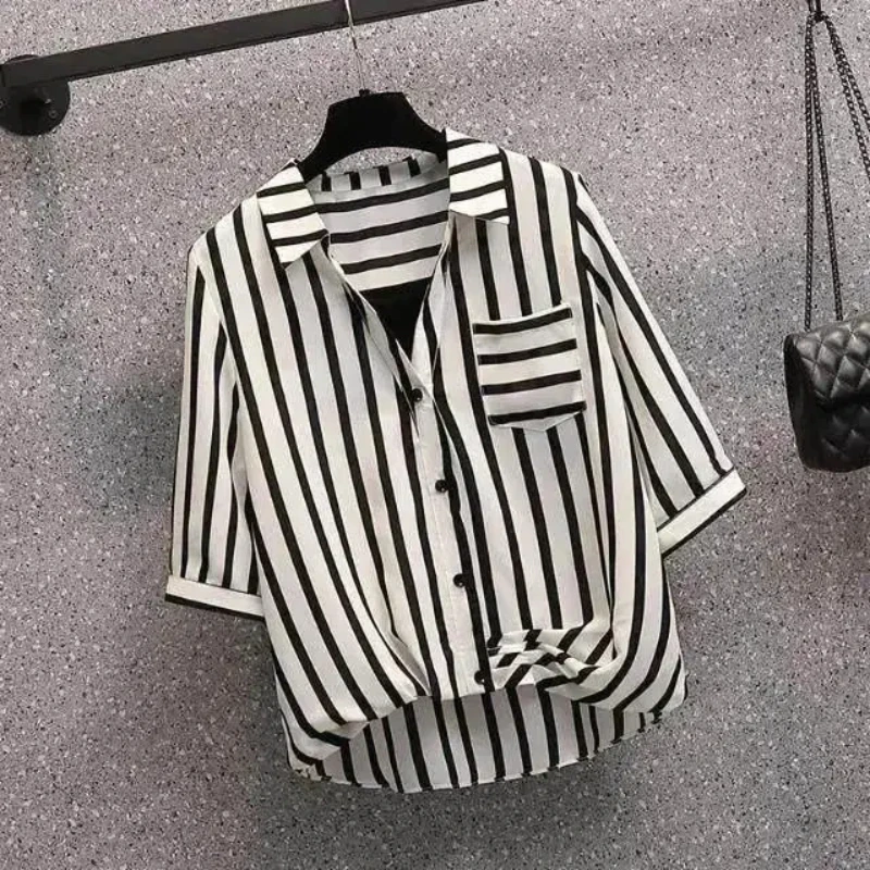 Plus Size Striped Contrast Patchwork Blouse Summer Short Sleeve Polo Neck Loose Office Shirt Tops Casual Vintage Women Clothing