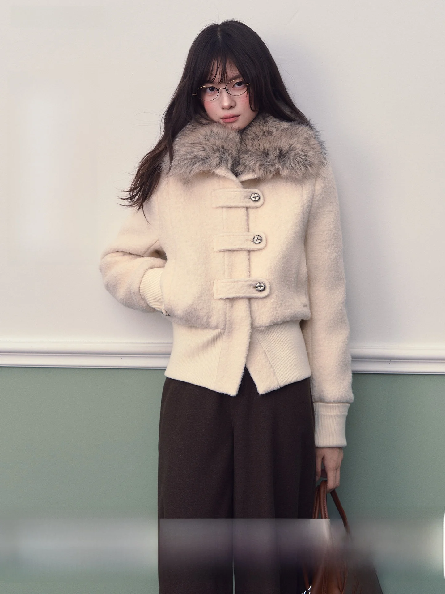 

Soote Season Original Milk White 70 Wool Patchwork Thickened Short Quilted Coat with Fur Collar Korean Style Women's Jacket