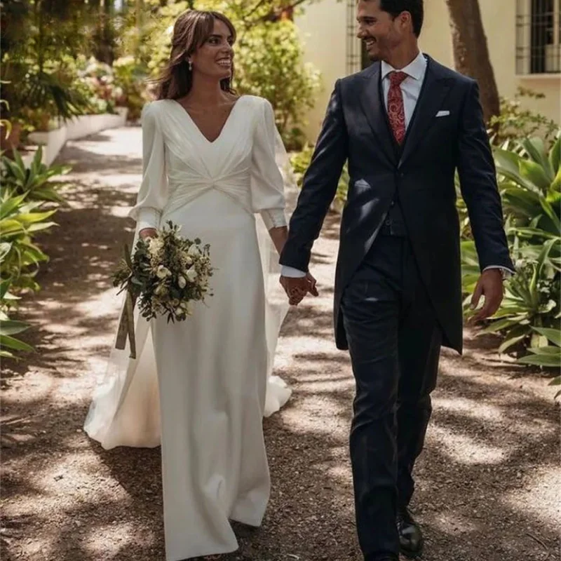 V Neck Mermaid Wedding Dresses For Women With Button Simple Backless Wedding Gowns Simple Chiffon Vestidos Customized