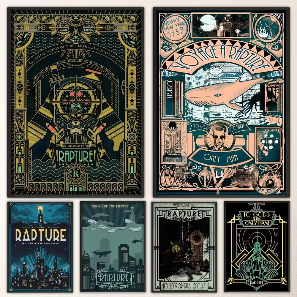 Bioshock Rapture Video Game Poster Fancy Poster Canvas Painting for Living Room Bar Vintage Decorative Painting Middle