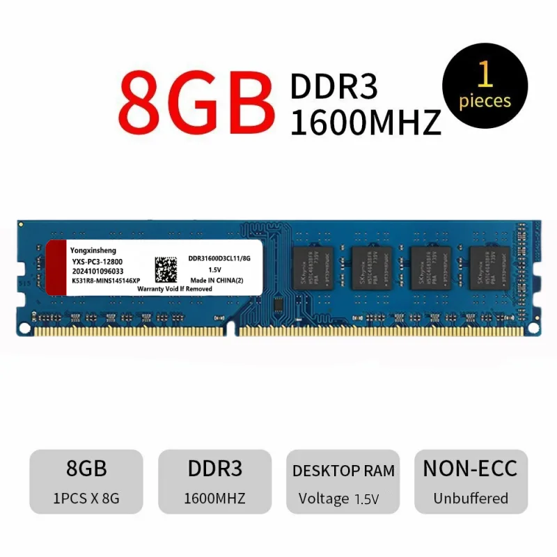 DDR3 2GB 4GB 8GB 1600MHz PC3-12800 DIMM 240 Pin Desktop RAM Computer Memory Tech 1.5V Blue large board