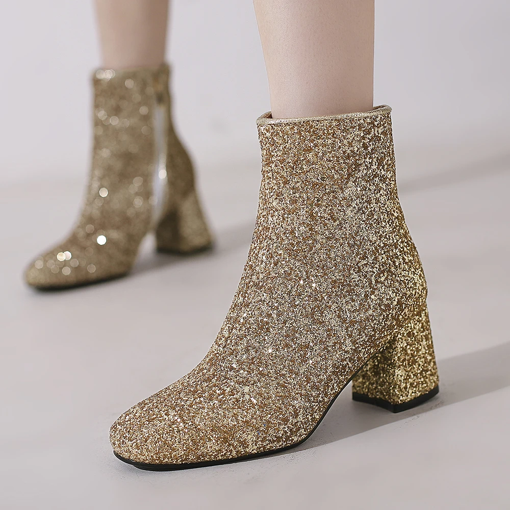 Fashion Women Ankle Boots New Spring Shiny Glitter Booties Clear Glitter Bling Shiny Trend High Heels Luxury Designer Shoes Hot